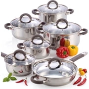 Cook N Home Basics Stainless Steel Cookware Sets, Pots and Pans Set with Stay-Cool Handle, Induction Compatible, Dishwasher and Oven Safe, 12-Piece