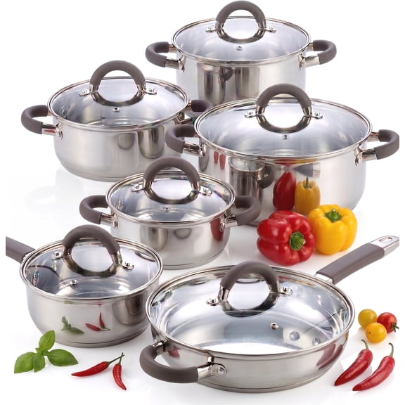 Cook N Home Basics Stainless Steel Cookware Sets, Pots and Pans Set with Stay-Cool Handle, Induction Compatible, Dishwasher and Oven Safe, 12-Piece
