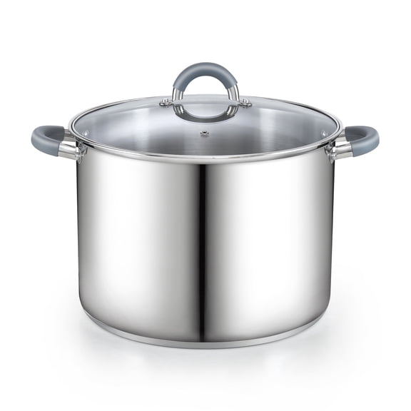 Cook N Home Basics 16 Quart Stainless Steel Stock Pot with Lid, Cooking Pot for Pasta, Soup, Stay-Cool Silicone Handle, Stockpot with Even Heating, Oven Safe, Cookware for Canning, Boiling, Simmer