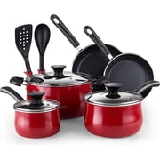 Cook N Home Professional Pots and Pans Nonstick Cookware Set, Belly Shape Kitchen Cooking Set with Frying Pans and Saucepans, Induction Compatible, 10-Piece, Red