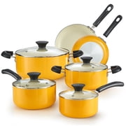 Cook N Home Basics Ceramic Nonstick Pots and Pans Cookware Set, Dutch Ovens and Saucepans with Glass Lid, Frying Pans without Lid, Not Induction, 10-Piece, Yellow