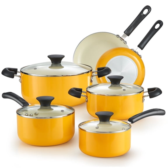 Cook N Home Basics Ceramic Nonstick Pots and Pans Cookware Set, Dutch Ovens and Saucepans with Glass Lid, Frying Pans without Lid, Not Induction, 10-Piece, Yellow