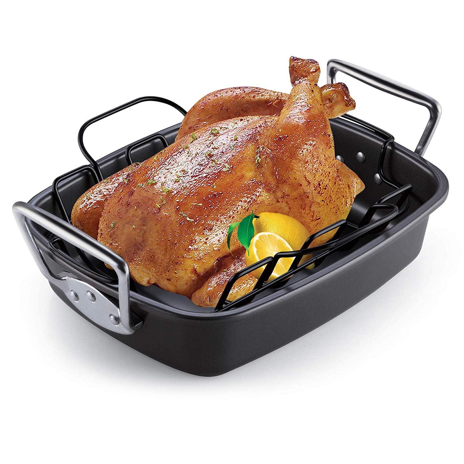 Roasting Pan with Rack, P&P CHEF Beer Can Chicken Roaster 9-inch Stainless  Steel Baking pan with Vertical Rack, For Baking Grilling Smoker, Rivet