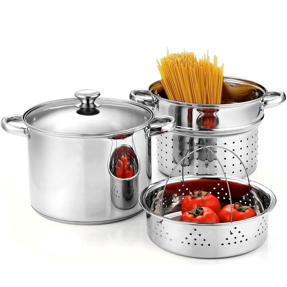 Cook N Home 8 Quart Stainless Steel Pasta Pot with Strainer Lid 3-in-1 Pots | Steamer Basket, Pasta Strainer, Stock Pot with Lid - Pasta Cooker Induction Compatible, Dishwasher & Oven Safe