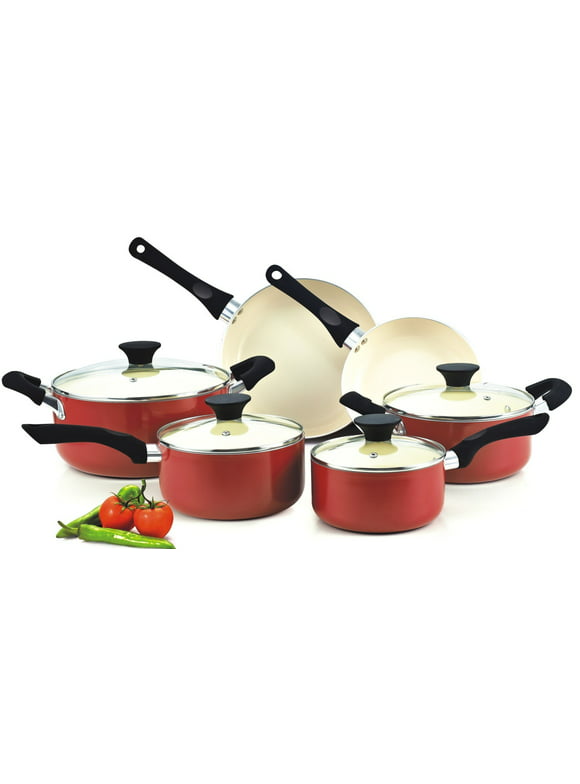 Cook N Home Pots and Pans Set Nonstick, 10 Piece Ceramic Kitchen Cookware Sets, Nonstick Cooking Set with Saucepans, Frying Pans, Dutch Oven Pot with Lids, Red