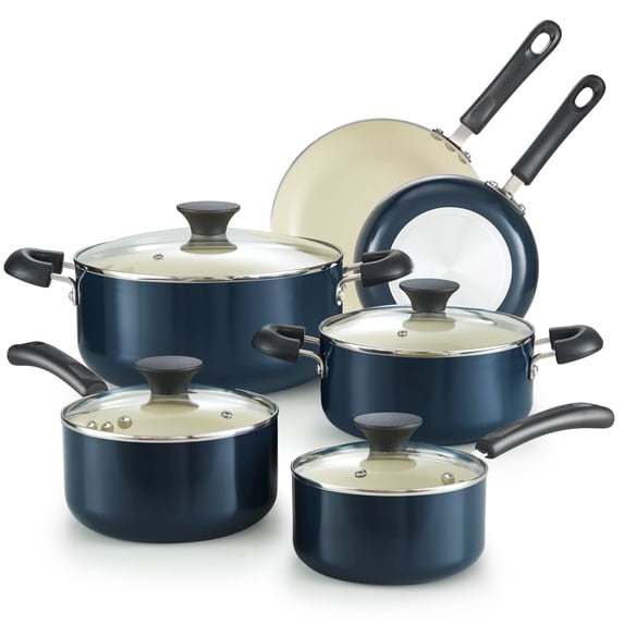 Cook N Home Basics Ceramic Nonstick Pots and Pans Cookware Set, Dutch Ovens and Saucepans with Glass Lid, Frying Pans without Lid, Not Induction, 10-Piece, Blue