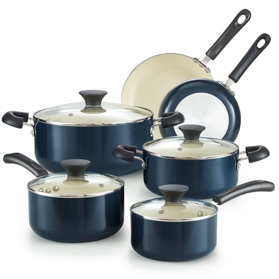Cook N Home Basics Ceramic Nonstick Pots and Pans Cookware Set, Dutch Ovens and Saucepans with Glass Lid, Frying Pans without Lid, Not Induction, 10-Piece, Blue