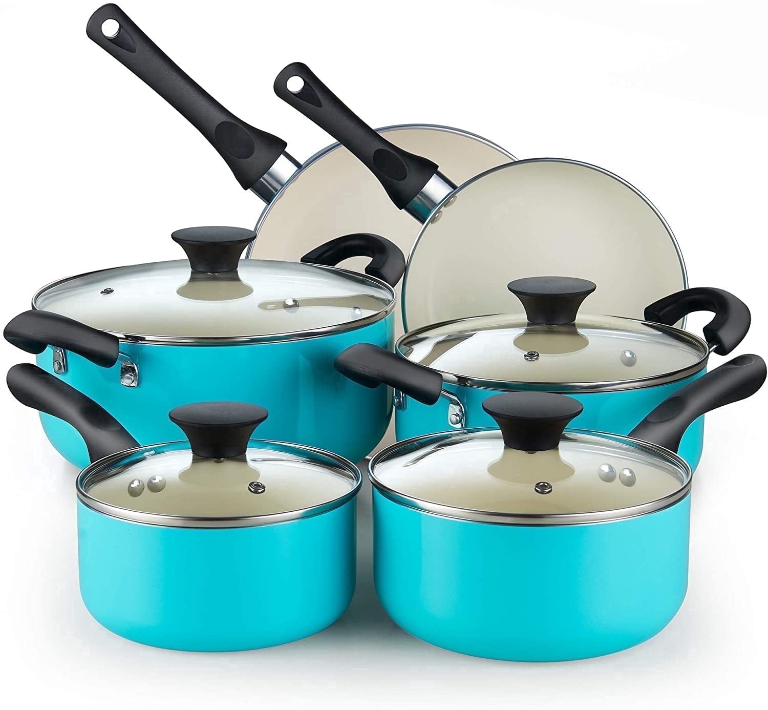 Cook N Home Basics Ceramic Nonstick Pots and Pans Cookware Set, Dutch Ovens and Saucepans with Glass Lid, Frying Pans without Lid, Not Induction, 10-Piece, Turquoise