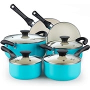 Cook N Home Basics Ceramic Nonstick Pots and Pans Cookware Set, Dutch Ovens and Saucepans with Glass Lid, Frying Pans without Lid, Not Induction, 10-Piece, Turquoise