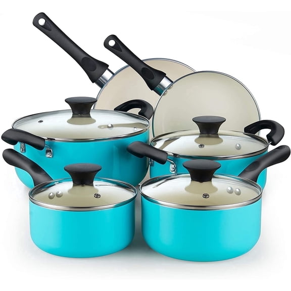 Cook N Home Basics Ceramic Nonstick Pots and Pans Cookware Set, Dutch Ovens and Saucepans with Glass Lid, Frying Pans without Lid, Not Induction, 10-Piece, Turquoise