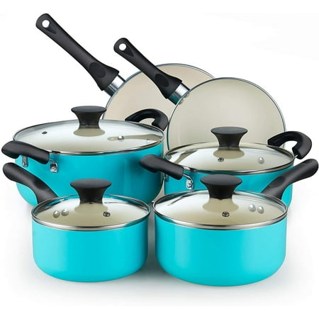 Cook N Home Pots and Pans Set Nonstick, 10 Piece Ceramic Kitchen Cookware Sets, Nonstick Cooking Set with Saucepans, Frying Pans, Dutch Oven Pot with Lids, Turquoise
