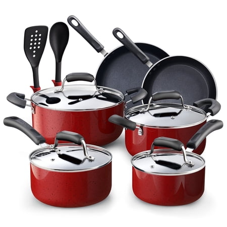 Cook N Home Professional Pots and Pans Nonstick Cookware Set, Kitchen Cooking Set with Frying Pans and Saucepans, Induction Compatible, 12-Piece, Red
