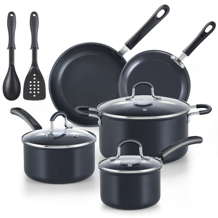 Cook N Home Professional Pots and Pans Nonstick Hard Anodized Cookware Set, Dishwasher Safe with Stay-Cool Handles, 10-Piece, Black