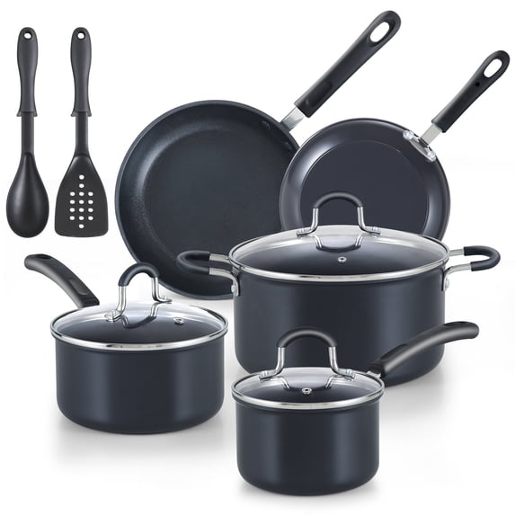 Cook N Home Professional Pots and Pans Nonstick Hard Anodized Cookware Set, Dishwasher Safe with Stay-Cool Handles, 10-Piece, Black