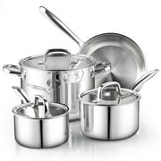 Cook N Home Classic Stainless Steel Tri-ply Clad Kitchen Cookware Set, Includes Saucepans, Stockpots with Glass Lids, Frying Pans, Induction-Ready, Dishwasher and Oven Safe, 7-Piece
