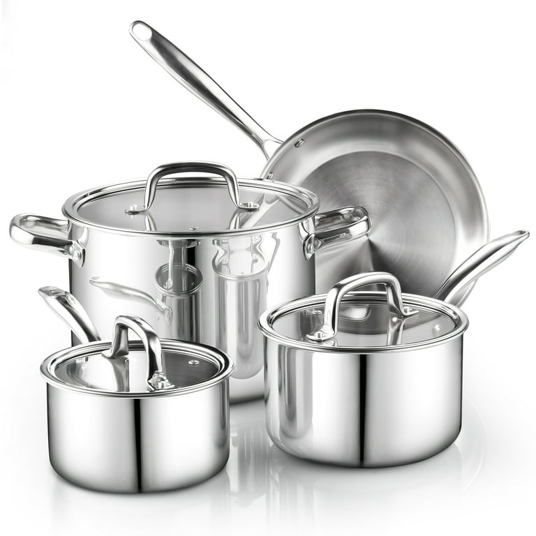 Cook N Home Pots and Pans Stainless Steel Cooking Set 7-Piece, Tri-Ply Clad  Kitchen Cookware Set, Dishwasher Safe, Glass Lid, Silver 