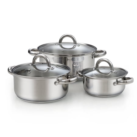 Cook N Home Basics Stainless Steel Pots Set, 1.5 & 3 Qt Sauce Pots with Lid, 5.5 Qt Dutch Oven Stockpot, Induction Compatible, Dishwasher & Oven Safe, Riveted Handles, 6-Piece