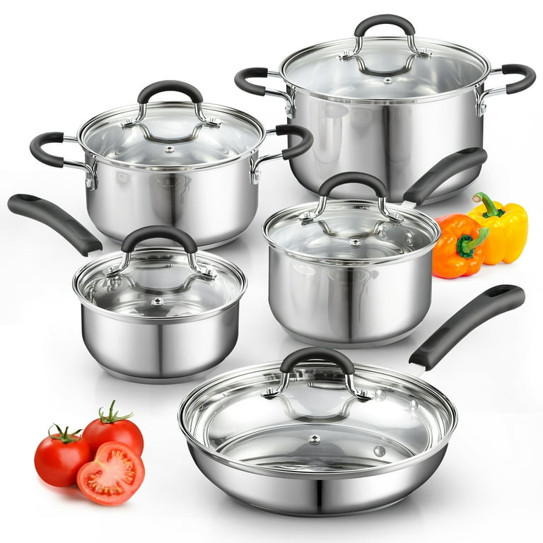 Pots and Pans Set, 10 Piece Stainless Steel Kitchen Removable Handle  Cookware Set, Frying Saucepans with Lid, Stay-Cool Handles for All Stoves,  Dishwasher and Oven Safe, Camping