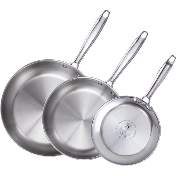 Cook N Home Classic Tri-Ply Clad 8 Inch / 10 Inch / 12 Inch Stainless Steel Skillet, Saute Frying Pan, Induction Cookware, Compatible with All Cooktops, Dishwasher & Oven Safe, 3-Piece