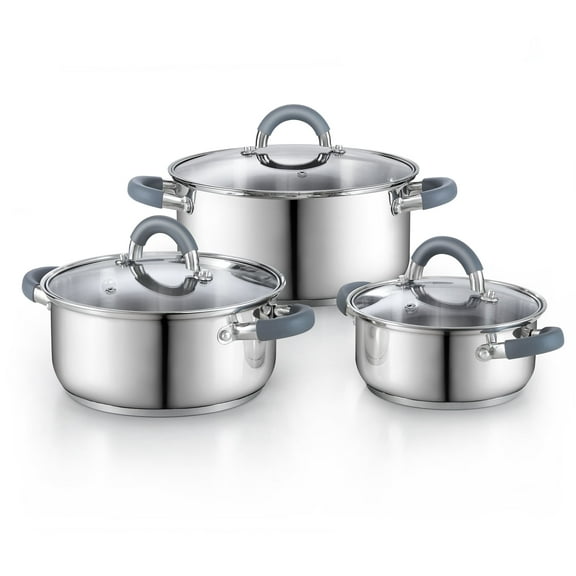 Cook N Home Stainless Steel Pot Set with Glass Lid, 6 Pieces Basics Cookware Set with Stay-Cool Silicone Handles, 1.5/3/5.5 Quarts Small Cooking Stock Pot Saucier Casserole