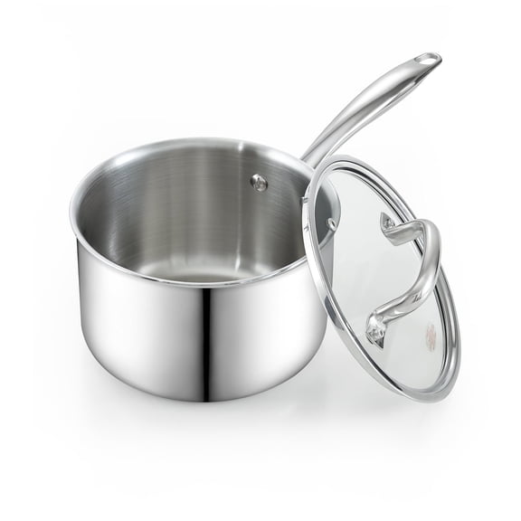 Cook N Home Stainless Steel Saucepan 3 Quart, Tri-Ply Full Clad Sauce Pan with Glass Lid, Silver