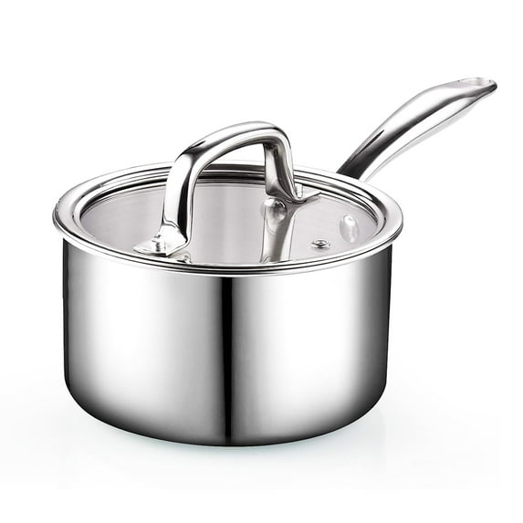 Cook N Home Stainless Steel Saucepan 3 Quart, Tri-Ply Full Clad Sauce Pan with Glass Lid, Silver