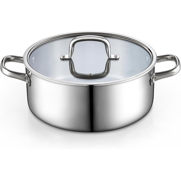 Cook N Home Classic 7 Quart Tri-Ply Clad Stockpot, Stainless Steel Stock Pot with Lid, Cooking Pot for Pasta, Soup, Spaghetti, Cookware for Canning, Boiling, Simmer, Oven Safe