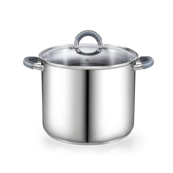 Cook N Home Basics 8 Quart Stainless Steel Stock Pot with Lid, Cooking Pot for Pasta, Soup, Stay-Cool Silicone Handle, Stockpot with Even Heating, Oven Safe, Cookware for Canning, Boiling, Simmer