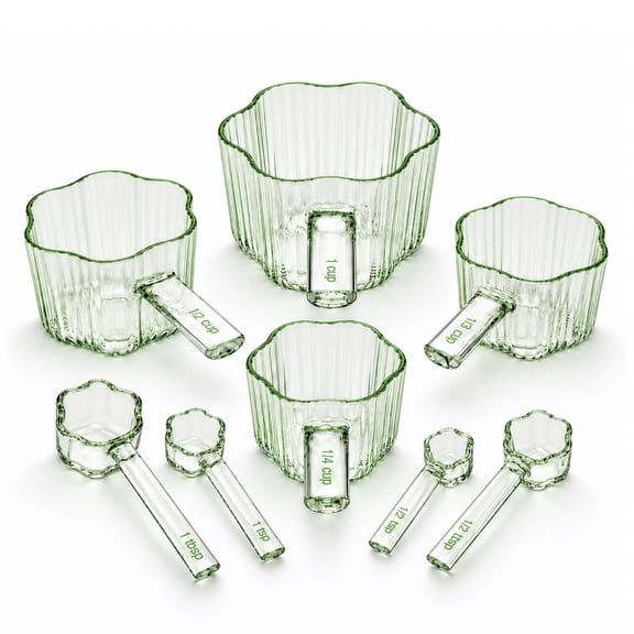 COOK WITH COLOR Measuring Cups and Spoons, Flower-Shaped Fluted Glass, BPA-Free, Sage Green