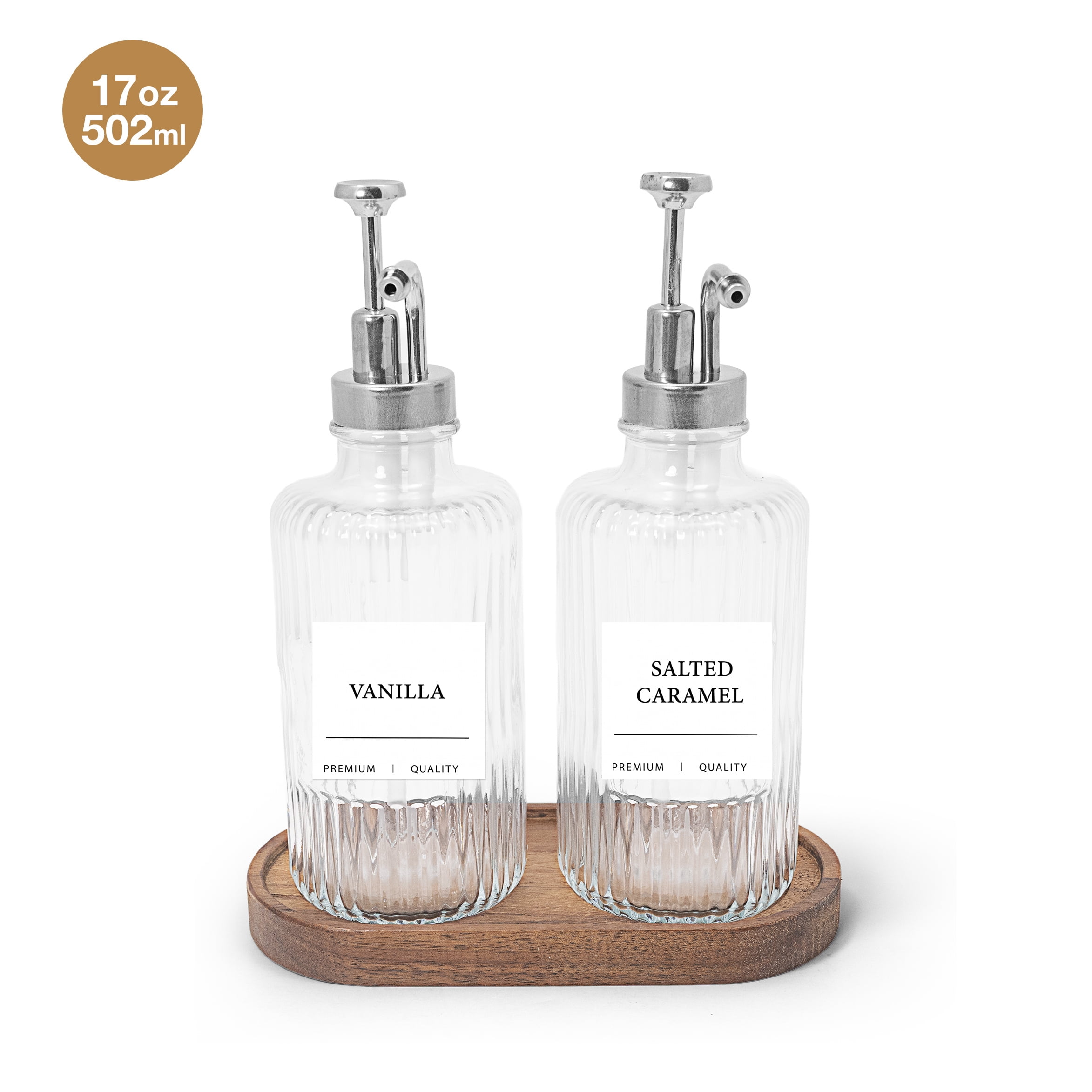 Cook with Color Ribbed Glass Syrup Dispenser Set with Wooden Base, 2-Pack
