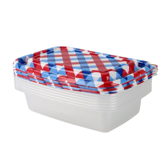 Cook with Color 12 Piece Stackable Plastic Food Storage Container Set, 1000 ml Rectangular Containers with Printed Lids, Red White Blue Argyle