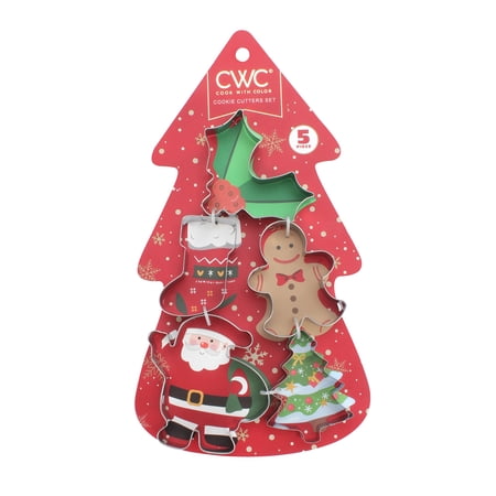 Cook With Color Stainless Steel Cookie Cutter, 5 Pieces, Holiday Christmas Winter Assorted Shapes, Santa