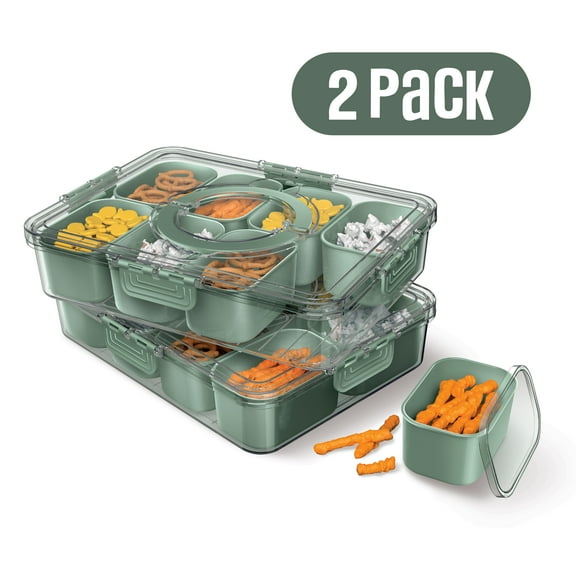Cook With Color 2-Pack 8-Compartment Snackle Box, Charcuterie and Snack Container, Divided Serving Tray with Lids and Handle, Dishwasher Safe, Sage