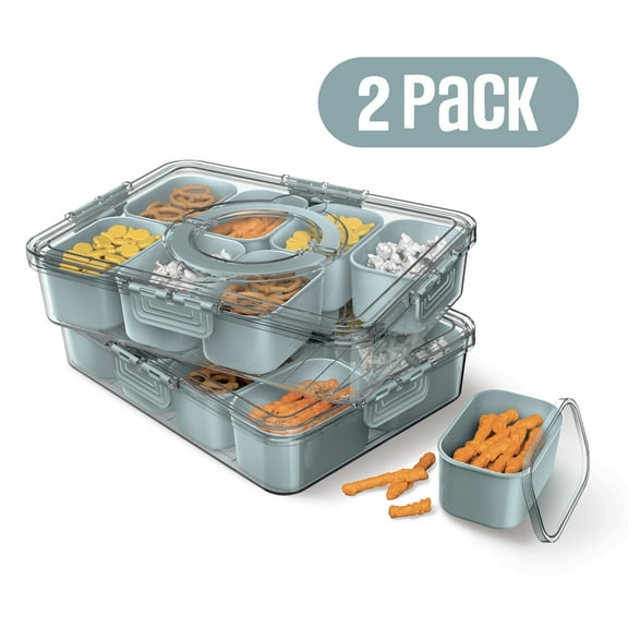 Cook With Color 2-Pack 8-Compartment Snackle Box, Charcuterie and Snack Container, Divided Serving Tray with Lids and Handle, Dishwasher Safe, Blue