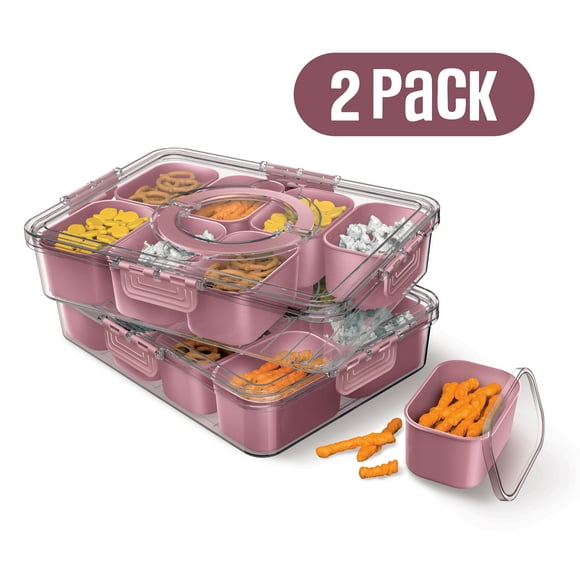 Cook With Color 2-Pack 8-Compartment Snackle Box, Charcuterie and Snack Container, Divided Serving Tray with Lids and Handle, Dishwasher Safe, Pink