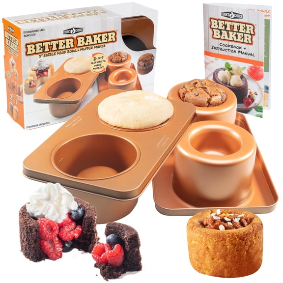 Cook's Choice Better Baker 2-in-1 Edible Food Bowl and Muffin Maker, Two 5-Inch Bowls, Reversible Stainless Steel Nonstick Pan with Recipe Cookbook