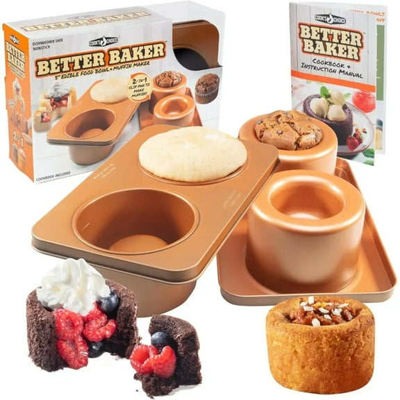 Cook's Choice 2-In-1 Better Baker Edible Food Bowl & Muffin Maker w Recipe Cookbook- Two 5" Bowls or Cupcakes- Double-Sided Stainless Steel Non-Stick Pan- Use for Fun Party Appetizers & Desserts