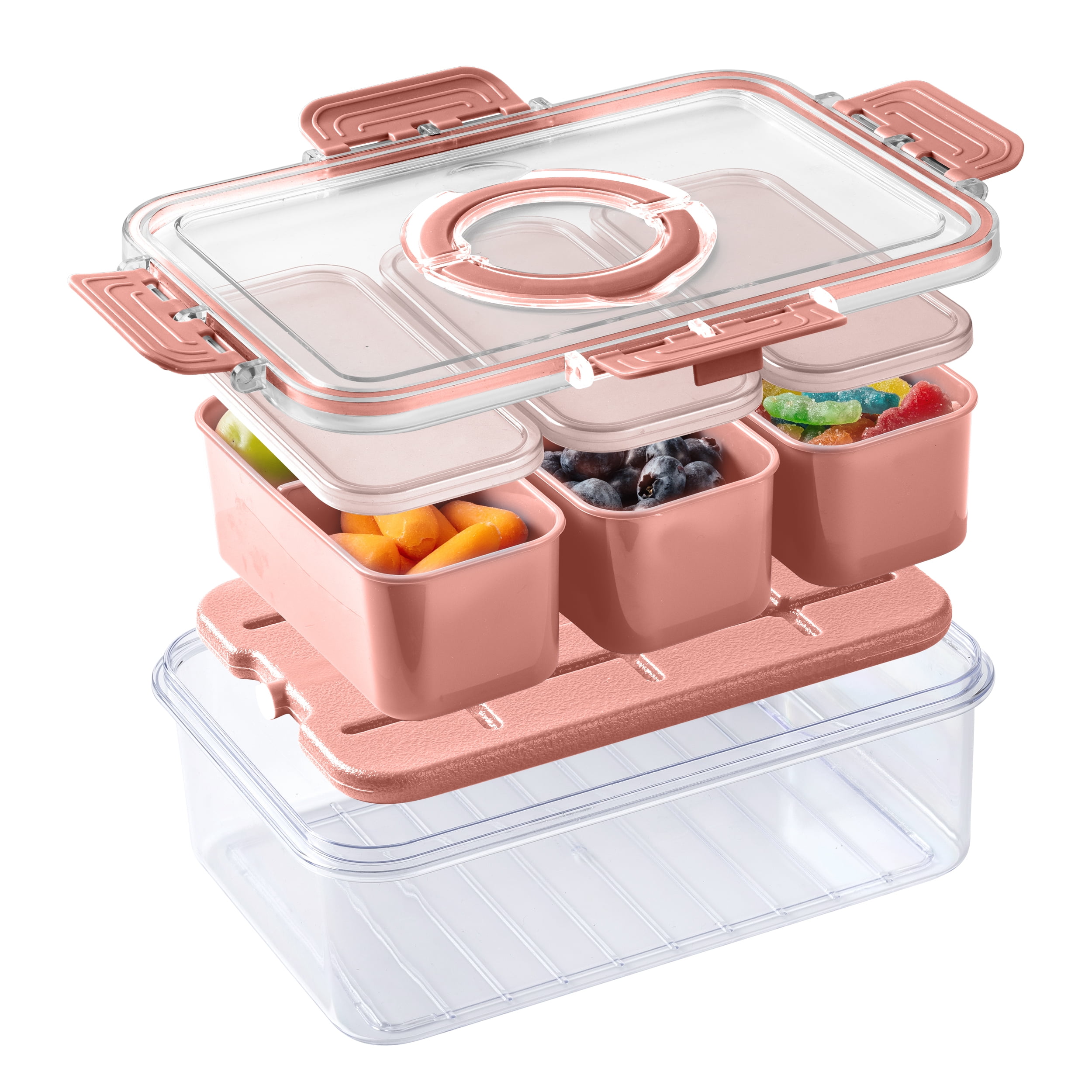 Cook with Color 3-Compartment Portable Snack Box Food Storage Container with Removable Ice Pack, Pink