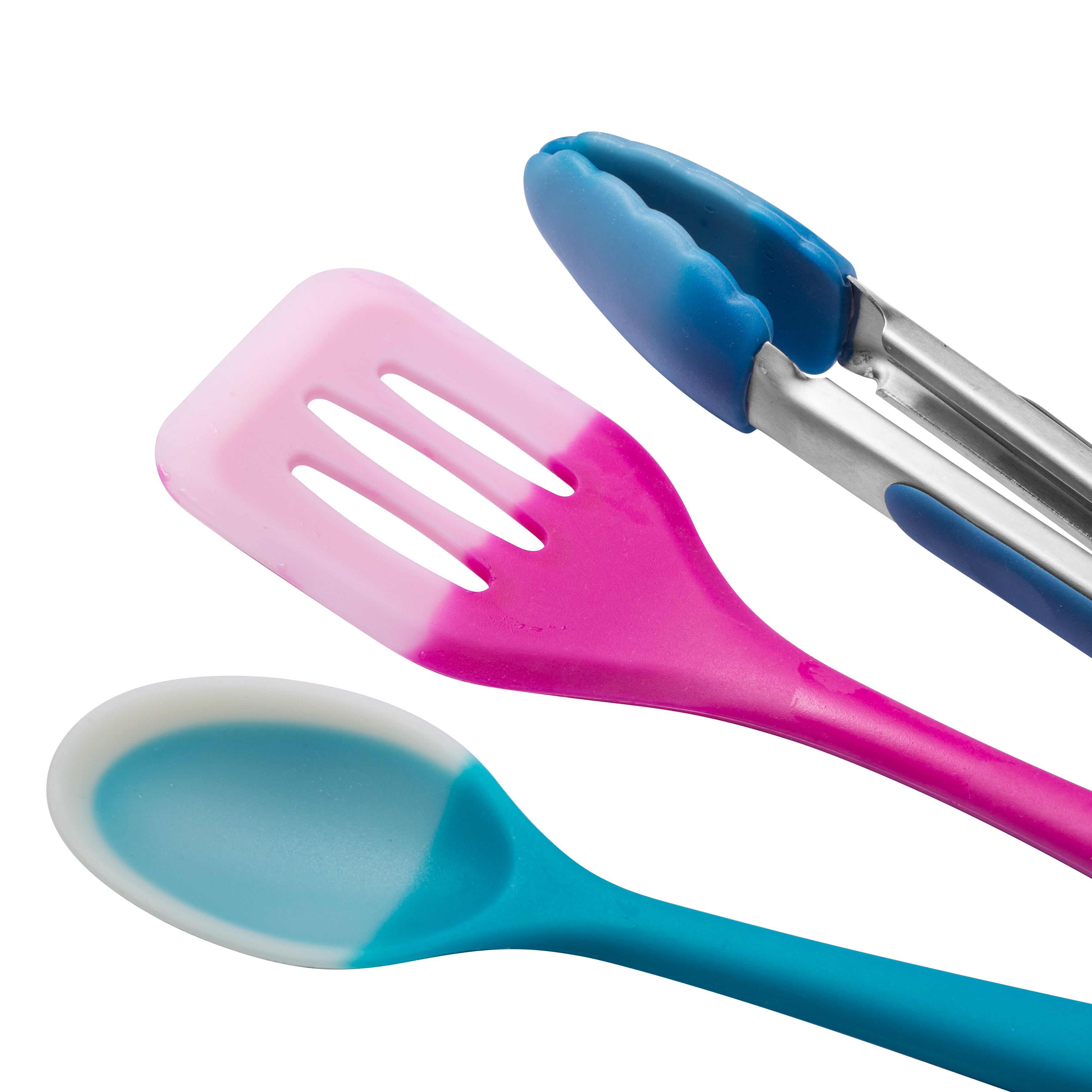 Cook with Color 3 Piece Color Changing Silicone Utensil Set with Blue Tong,  Pink Slotted Turner, and Teal Spoon 