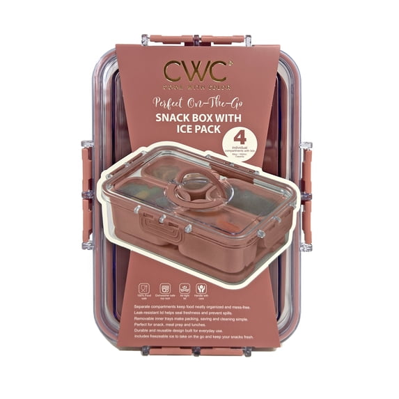 Cook with Color 4-Compartment Snack Box with Removable Ice Pack, Locking Lid and Handle, Dishwasher Safe, Pink