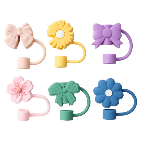 Cook with Color 6-Piece Reusable Silicone Straw Topper Set, Universal Straw Covers for Tumblers, Flowers