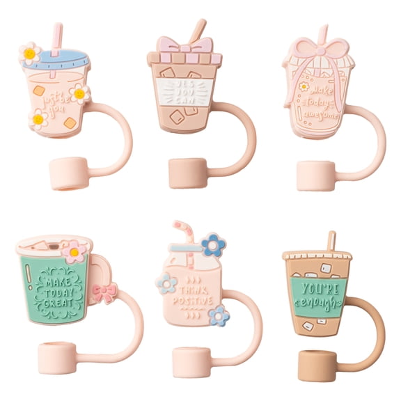 Cook with Color 6-Piece Reusable Silicone Straw Topper Set, Universal Straw Covers for Tumblers, Cafe