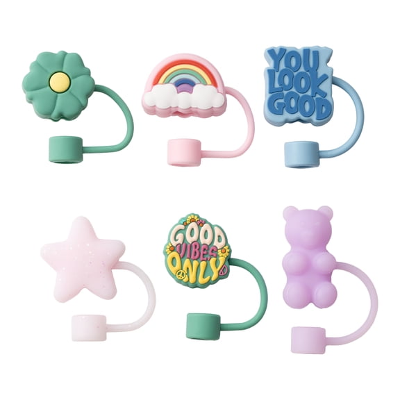 Cook with Color 6-Piece Reusable Silicone Straw Topper Set, Universal Straw Covers for Tumblers, Good Vibes