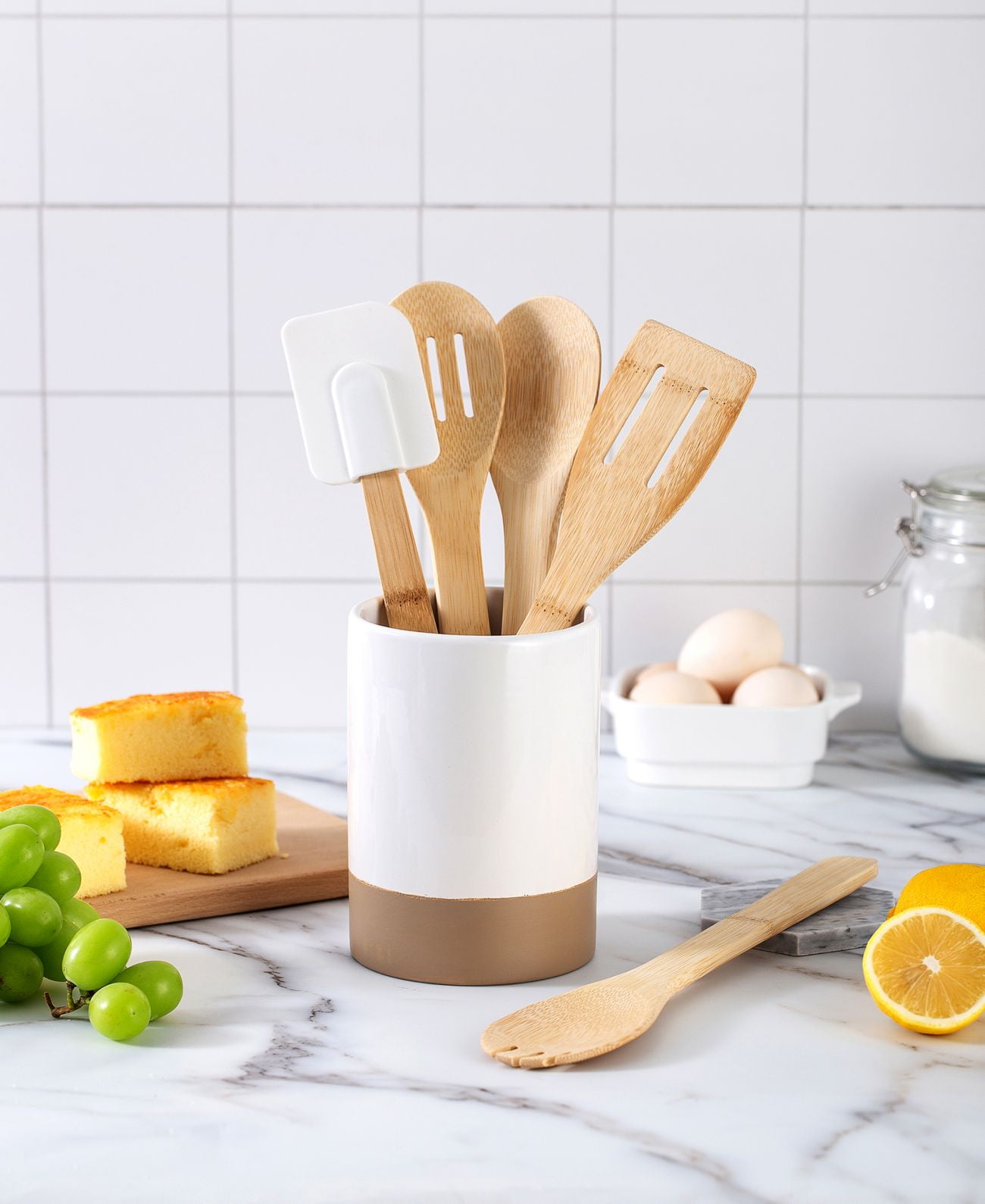 7-Piece Silicone and Bamboo Kitchen Utensils Set with Holder for Cooking,  Virtually Non-Stick, with …See more 7-Piece Silicone and Bamboo Kitchen