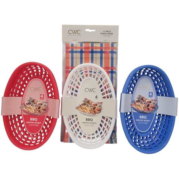 Cook with Color BBQ Basket Set, Red White and Blue, 12 Baskets with Paper Liners