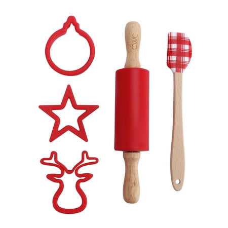 Cook with Color Cookie Baking Utensils Gift Set, 5 Pieces, 3 Cookie Cutters, Rolling Pin & Spatula, Red Plaid