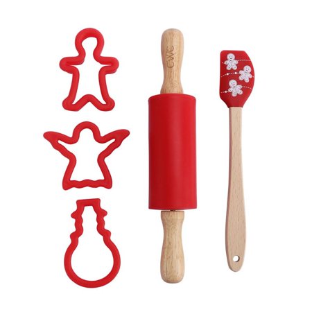 Cook with Color Cookie Baking Utensils Gift Set, 5 Pieces, 3 Cookie Cutters, Rolling Pin & Spatula, Red