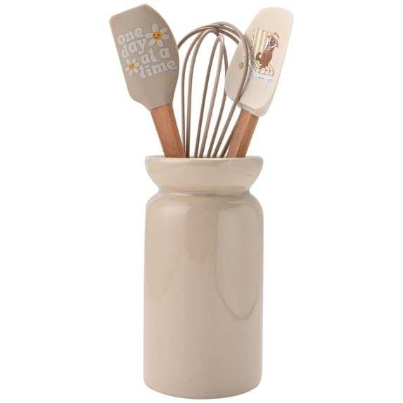 Cook With Color Ceramic Mini Crock Kitchen Utensil Set, Tan