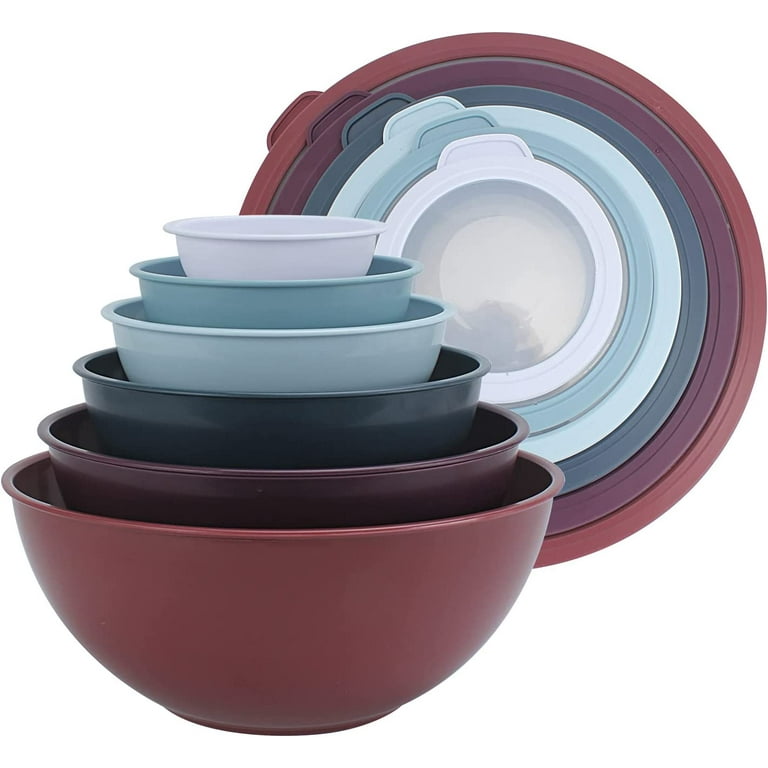 Cook with Color Mixing Bowls with TPR Lids - 12 Piece Plastic Nesting Bowls Set Includes 6 Prep Bowls and 6 Lids, Microwave Safe