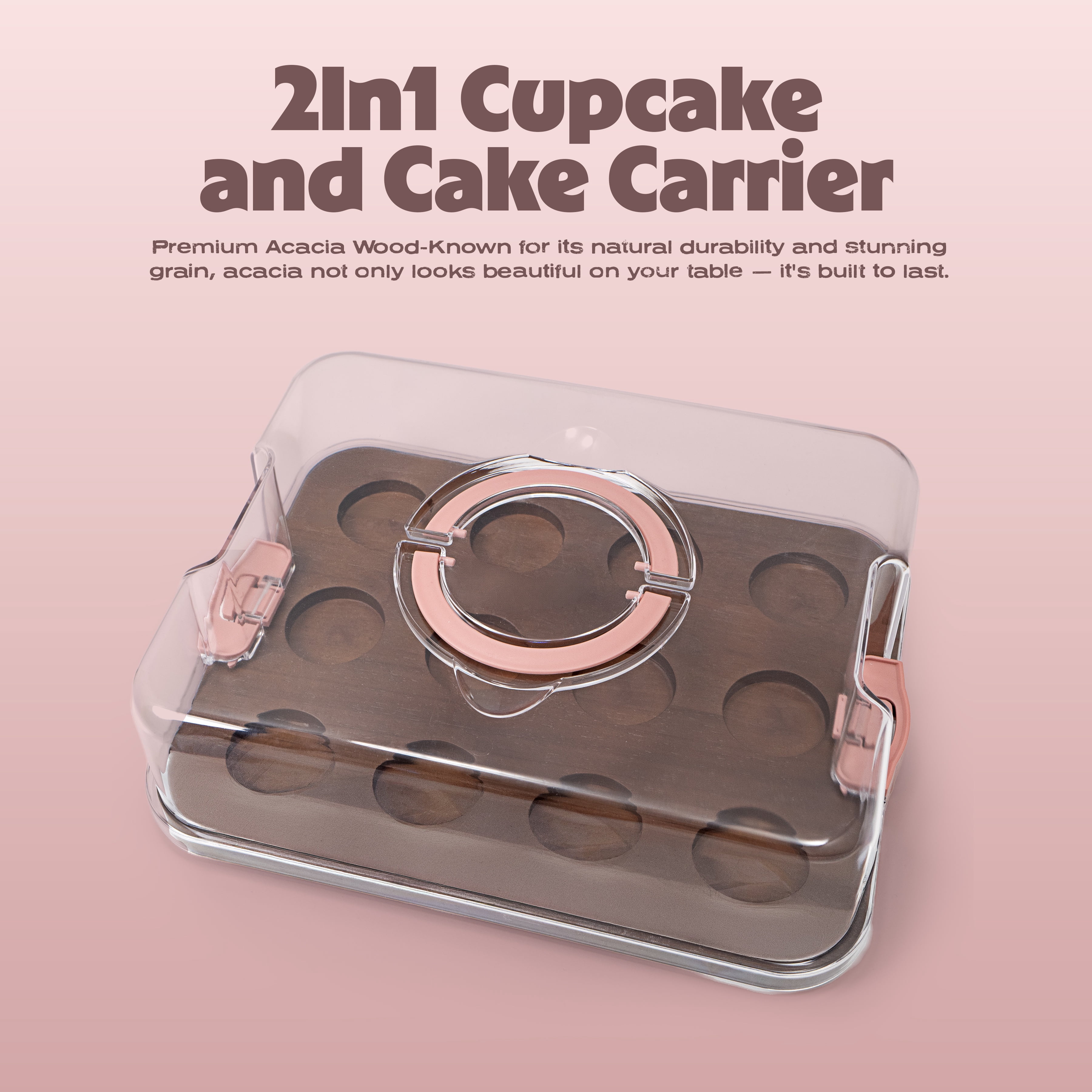 Cook with Color 12-Cupcake Reversible Dark Walnut Wood Rectangular Cake Carrier with Clear Locking Lid